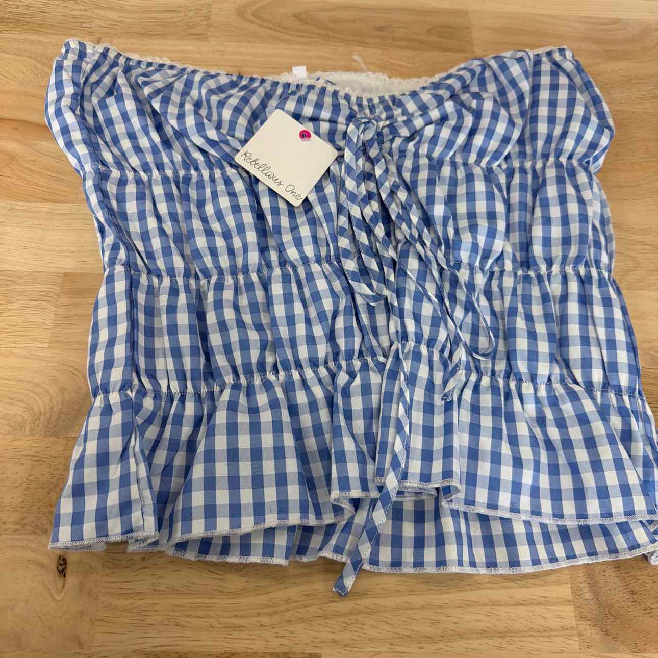 Rebellious One Size LGingham Shirred Strapless Top - Baby Blue