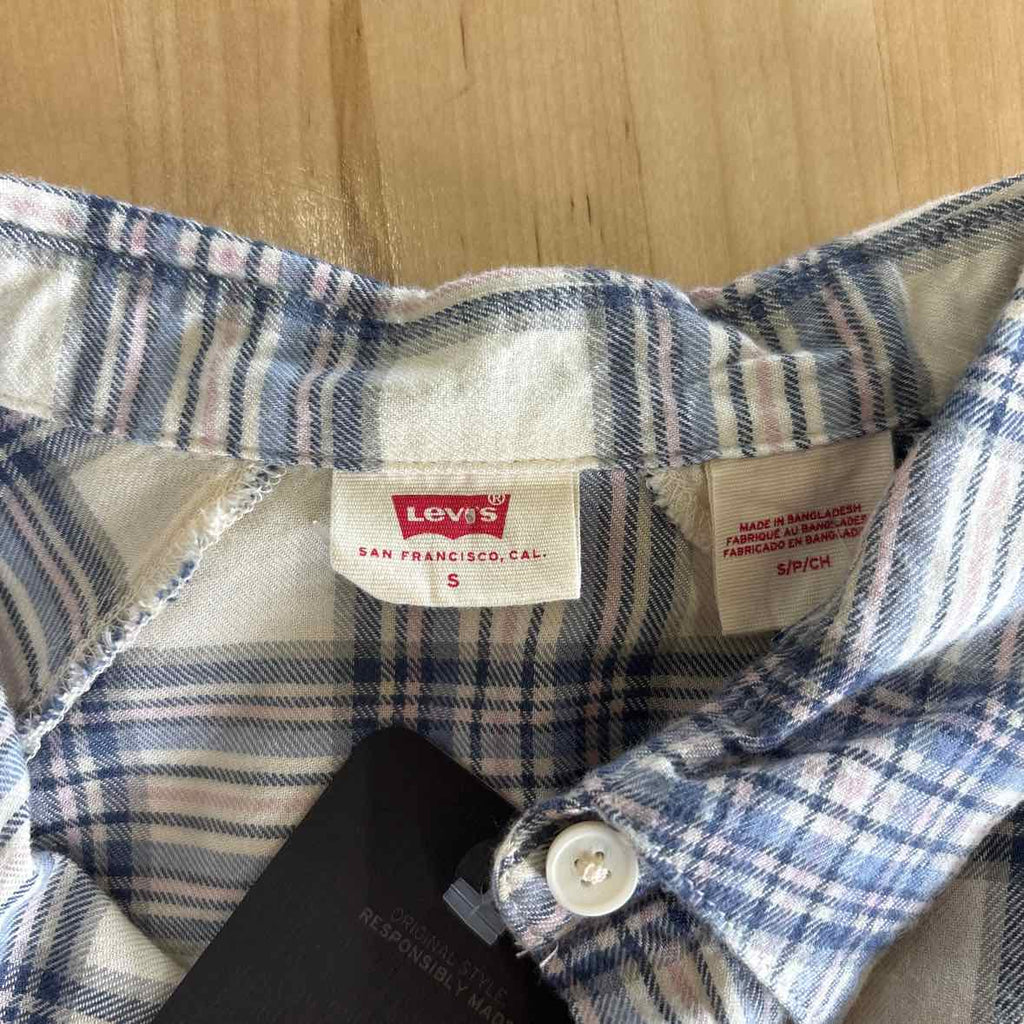 Levi's Size S Pink Blue Button Down Harrison Raglan Shirt- Clayton Plaid Indigo