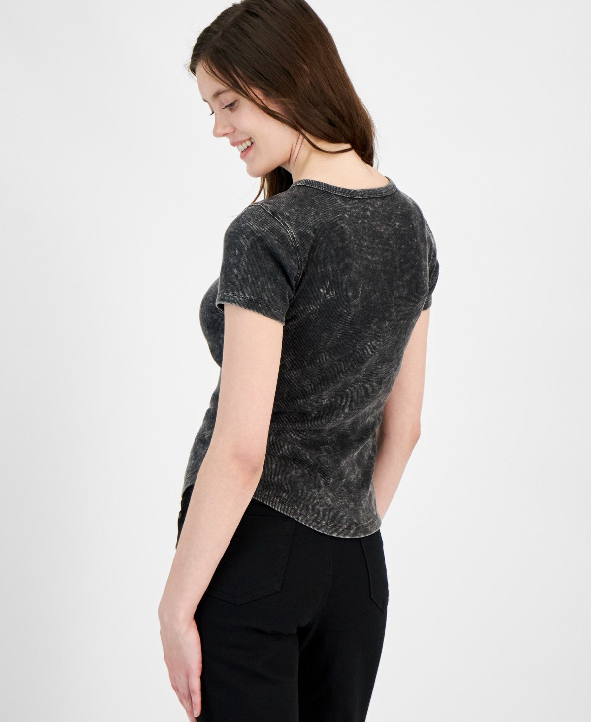Rebellious One Juniors' Ribbed Washed Henley Tee - Black