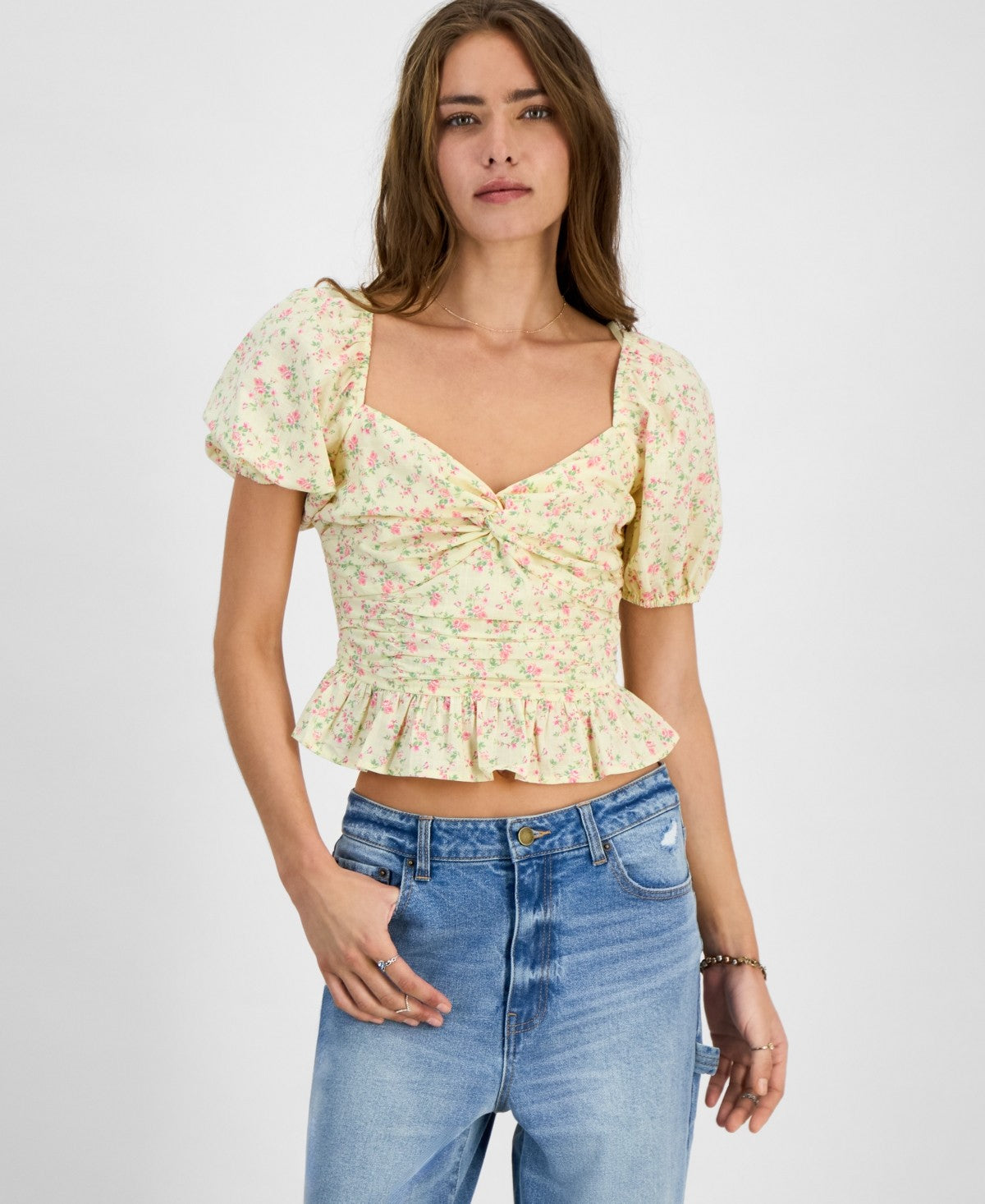 kingston grey Size S Printed Sweetheart-Neck Puff-Sleeve Top