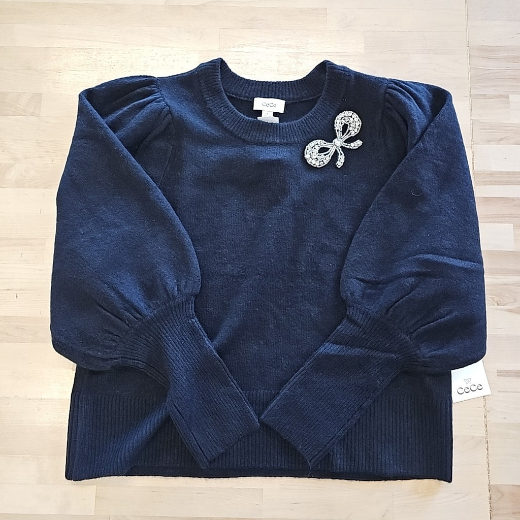 CeCe Women's Rhinestone Bow Crew Neck Sweater