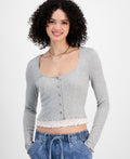 Just Polly Size S Layered-Look Long Sleeve Cardigan - Grey Ditsy