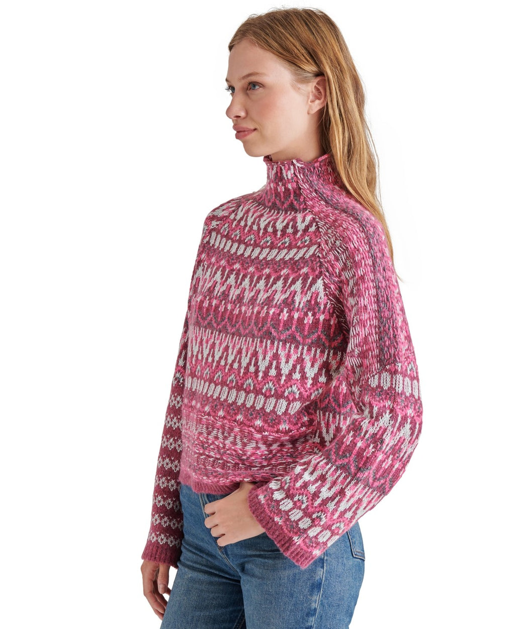 Steve Madden Women's Indie Fair Isle Mock-Neck Sweater - Fuschia