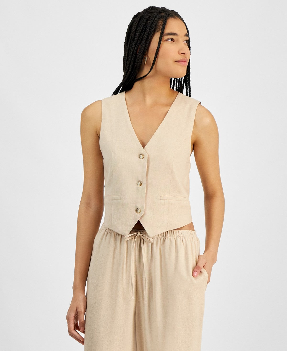 Hippie Rose Juniors' Sleeveless Linen Vest - Warm Sand