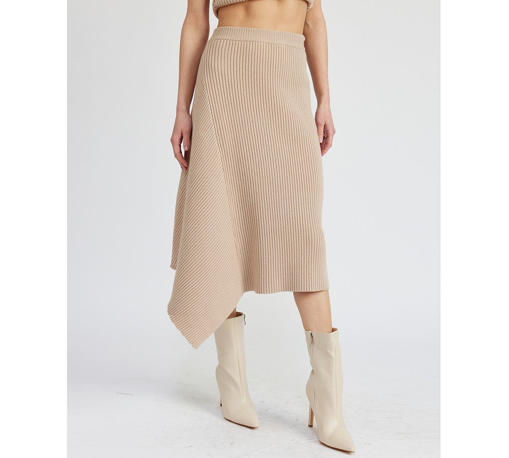 En Saison Women's Elaine Ribbed Asymmetric-Hem MIDI Skirt - Taupe