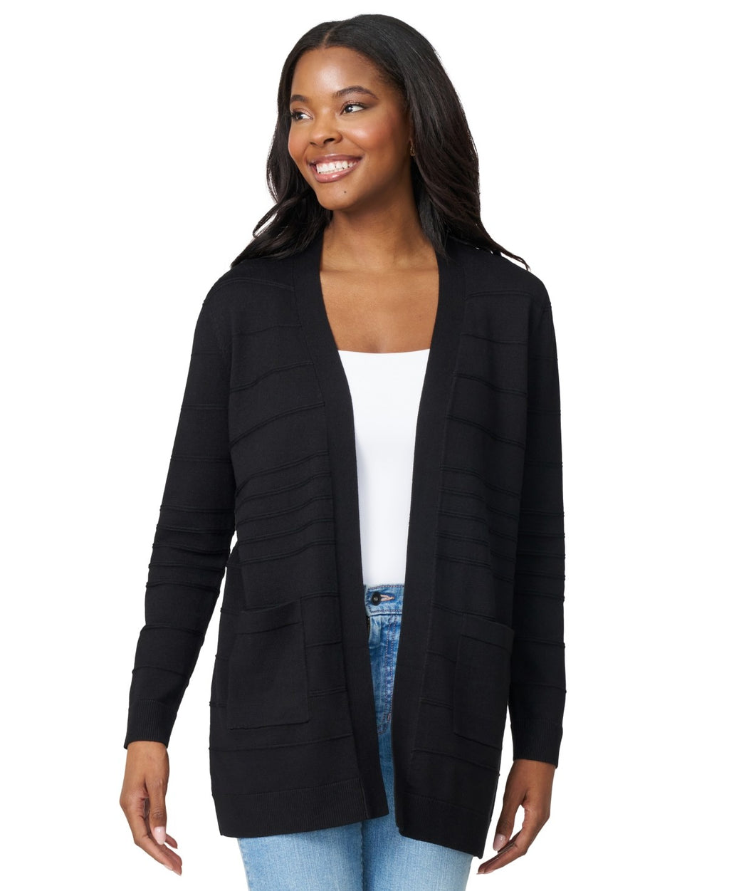 Melissa Paige Women's Ribbed Open-Front Long Cardigan - Jet Bla