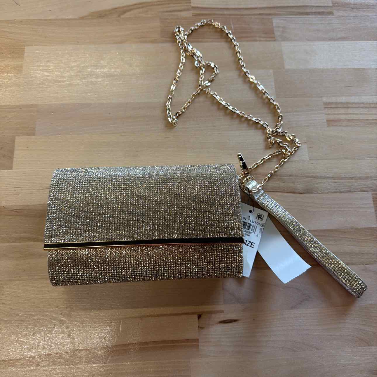 I.N.C. International Concepts Caitlin Satin and Crystal Clut Classic Gold NO SIZ