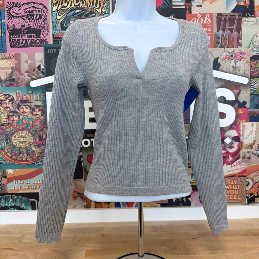 hippie rose Size S Notched Neck Glitter Ribbed Long Sleeve - Light Heather Grey