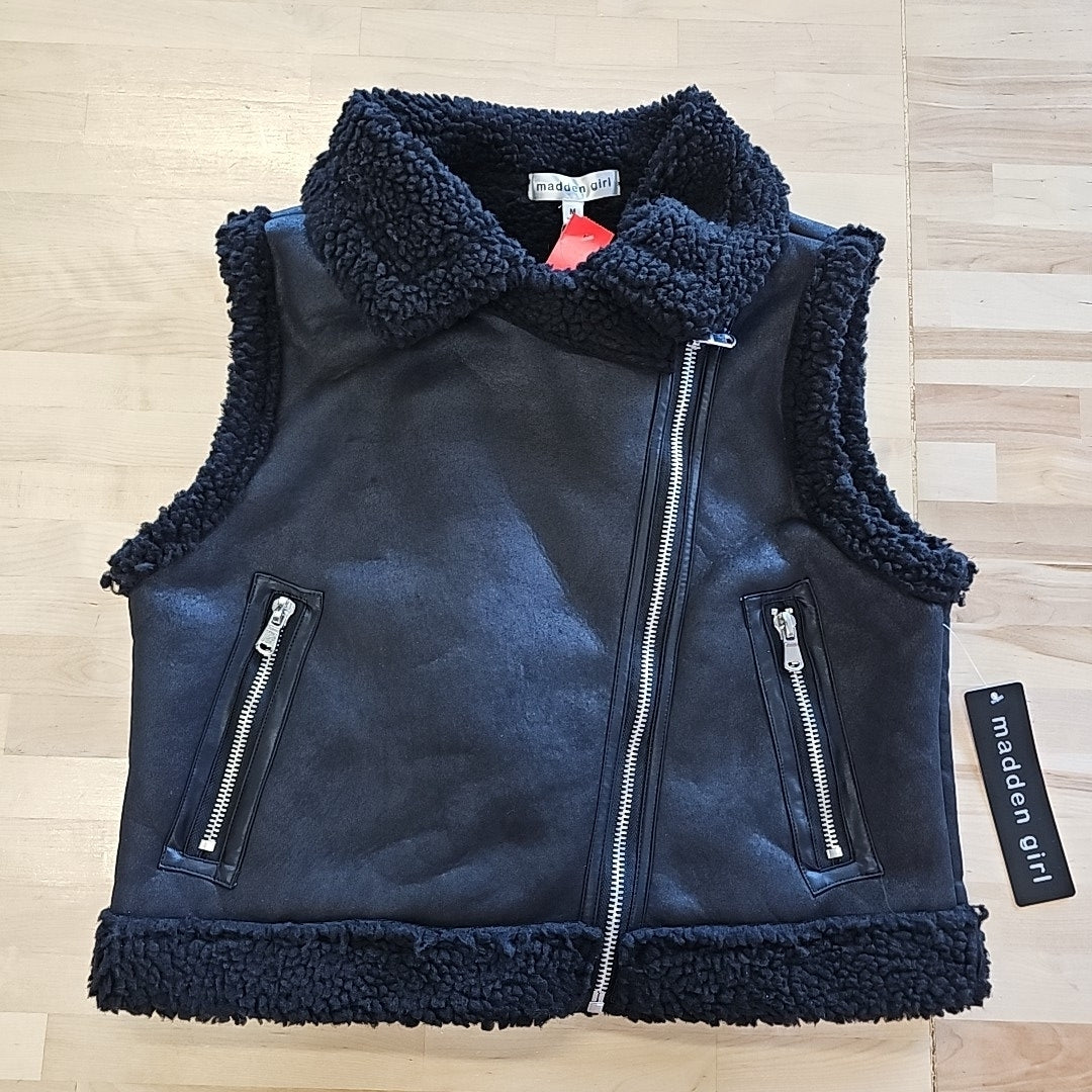Madden Girl Juniors' Faux-Shearling Moto Vest - Black