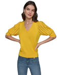 Karl Lagerfeld Paris Women's Puffed-Sleeve V-Neck Sweater - Daffodil