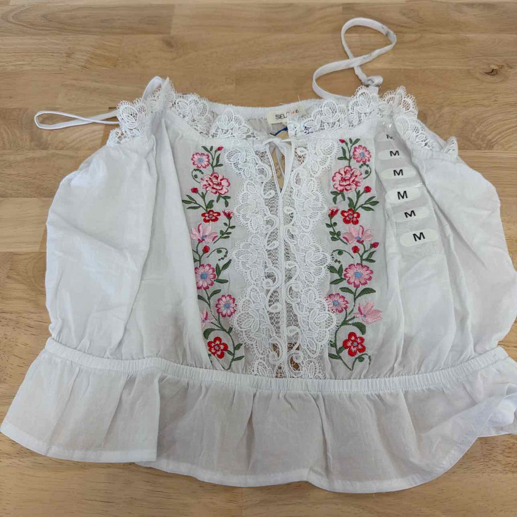 Self E Size M Lace-Trim Embroidered Peplum Tank Top