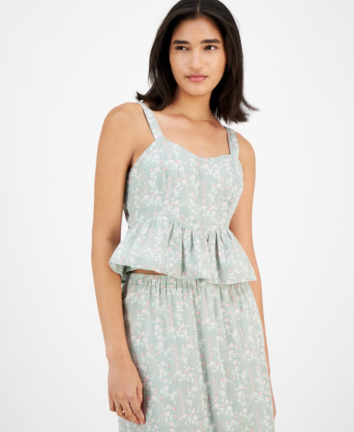 Celebrity Pink Juniors' Cropped Peplum Tank Top - Aqua Grey Ditsy