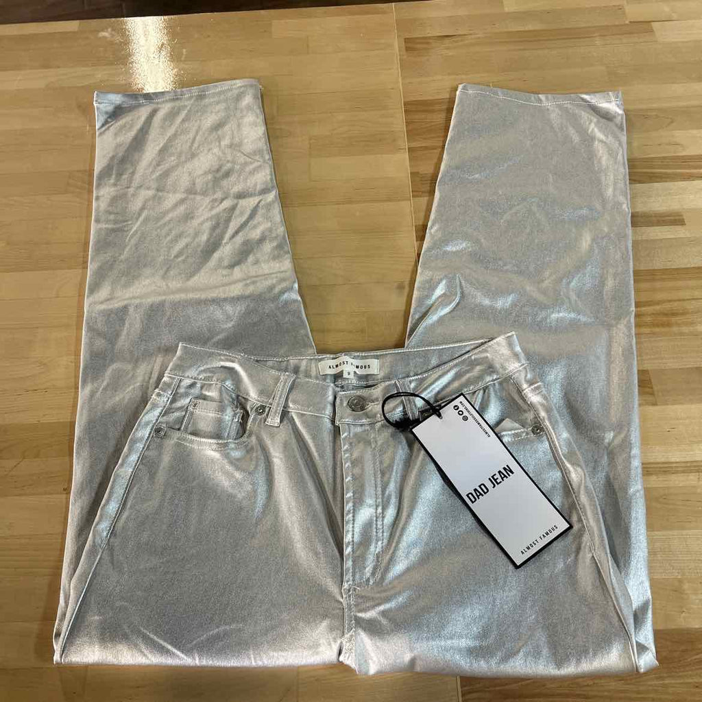 Almost Famous Size 9 Metallic Coated Straight-Leg Pants - Metallic