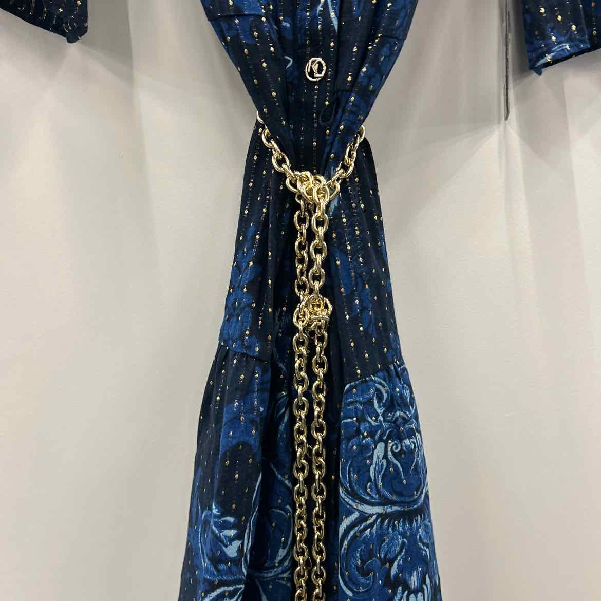 Karl Lagerfeld Paris Women's Printed Tiered Belted Dress - Navy Multi - Size 12