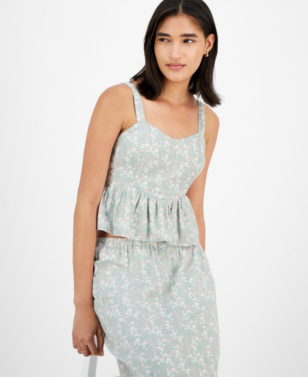 Celebrity Pink Juniors' Cropped Peplum Tank Top - Aqua Grey Ditsy