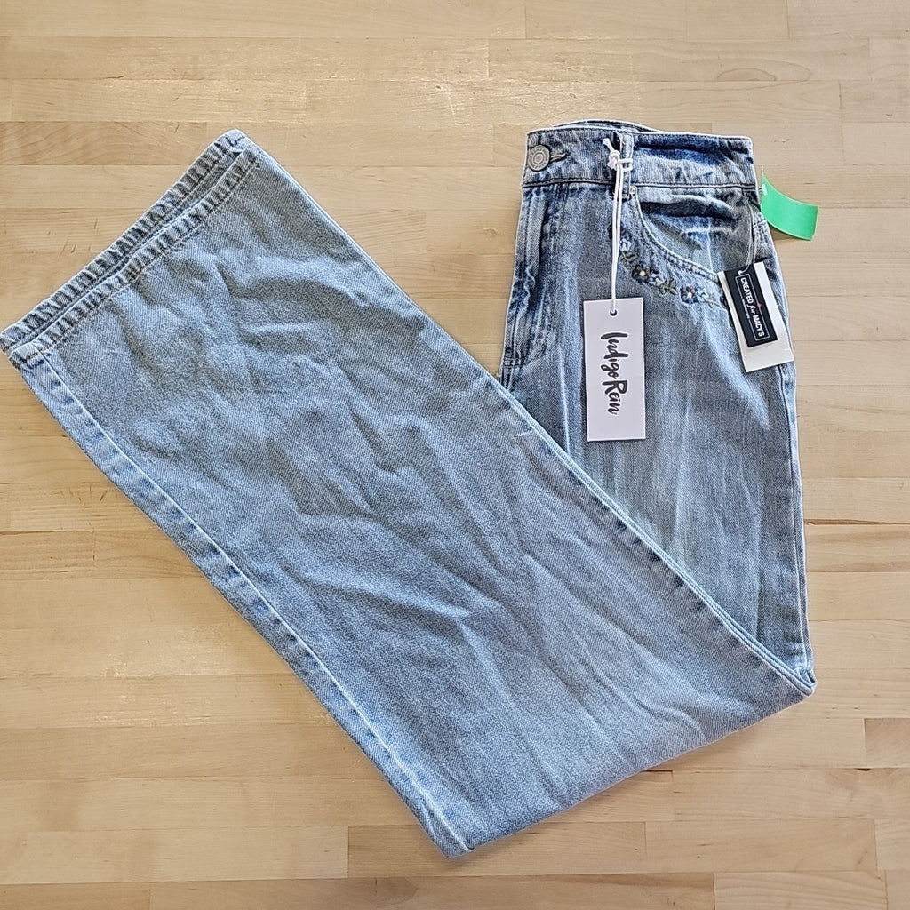 Indigo Rein Juniors' High-Rise Embroidered Wide-Leg Jeans - Light Blue - 9