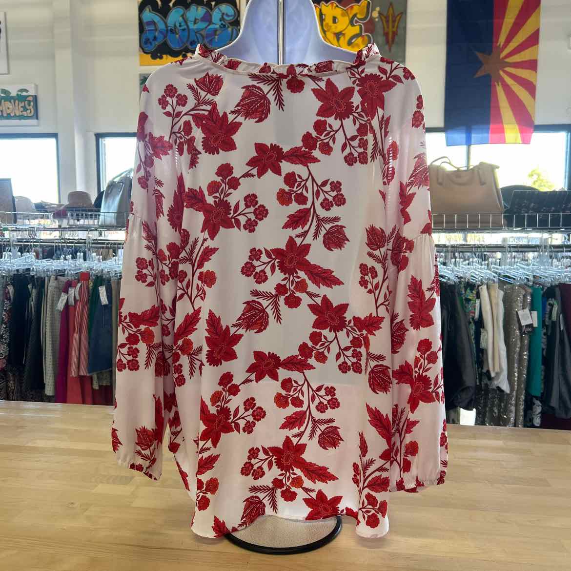 Loft Size L White Red Preloved Blouse LS