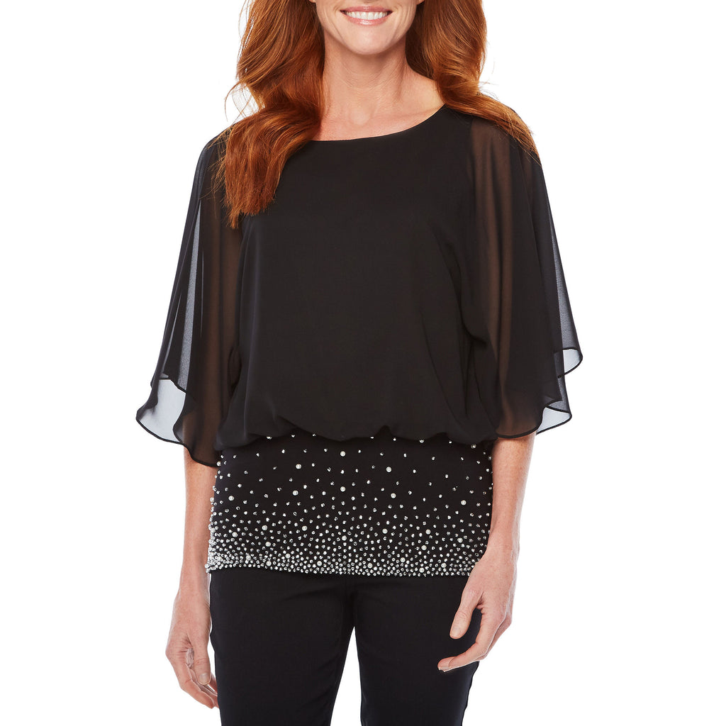 Msk Women's Beaded-Band Blouson-Overlay 3/4-Sleeve Top - Black