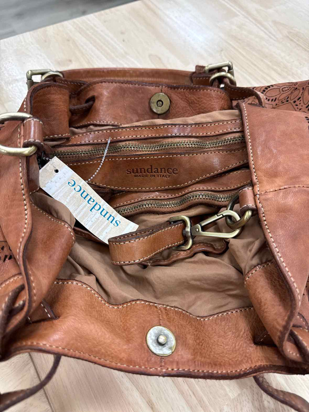 Sundance Tan Laser Cut Leather Boho Preloved Handbag