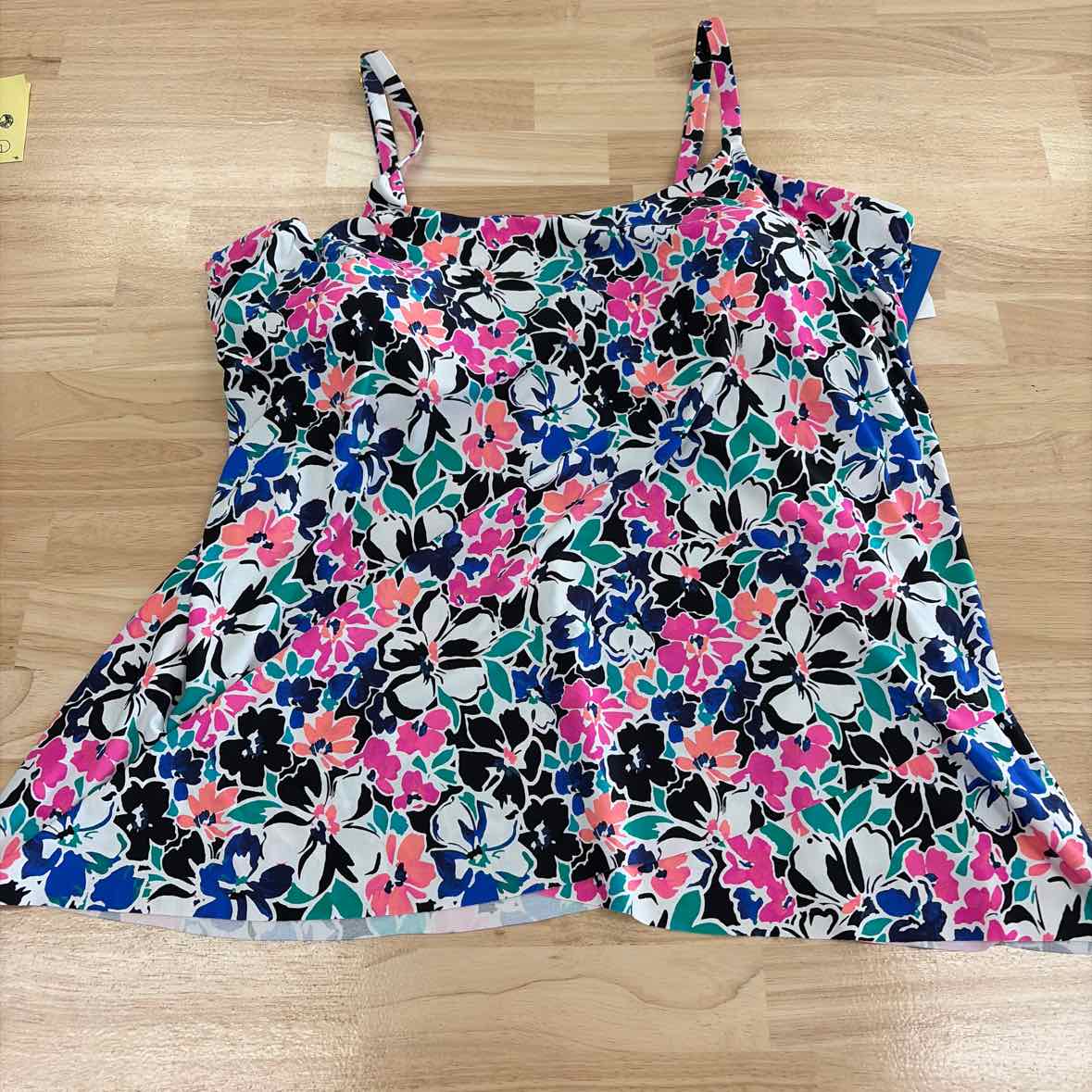 Island Escape Size 20W Plus Size Cape Town Draped Tankini Top - Black Multi