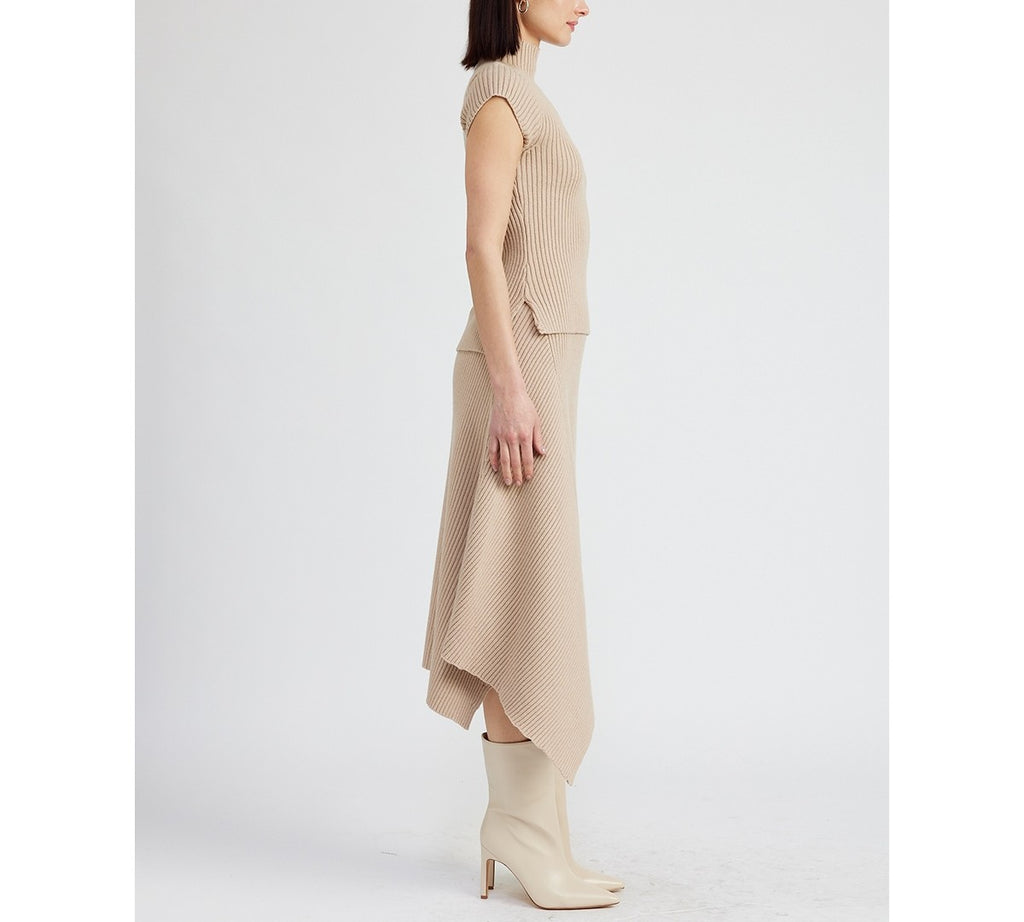 En Saison Women's Elaine Ribbed Asymmetric-Hem MIDI Skirt - Taupe