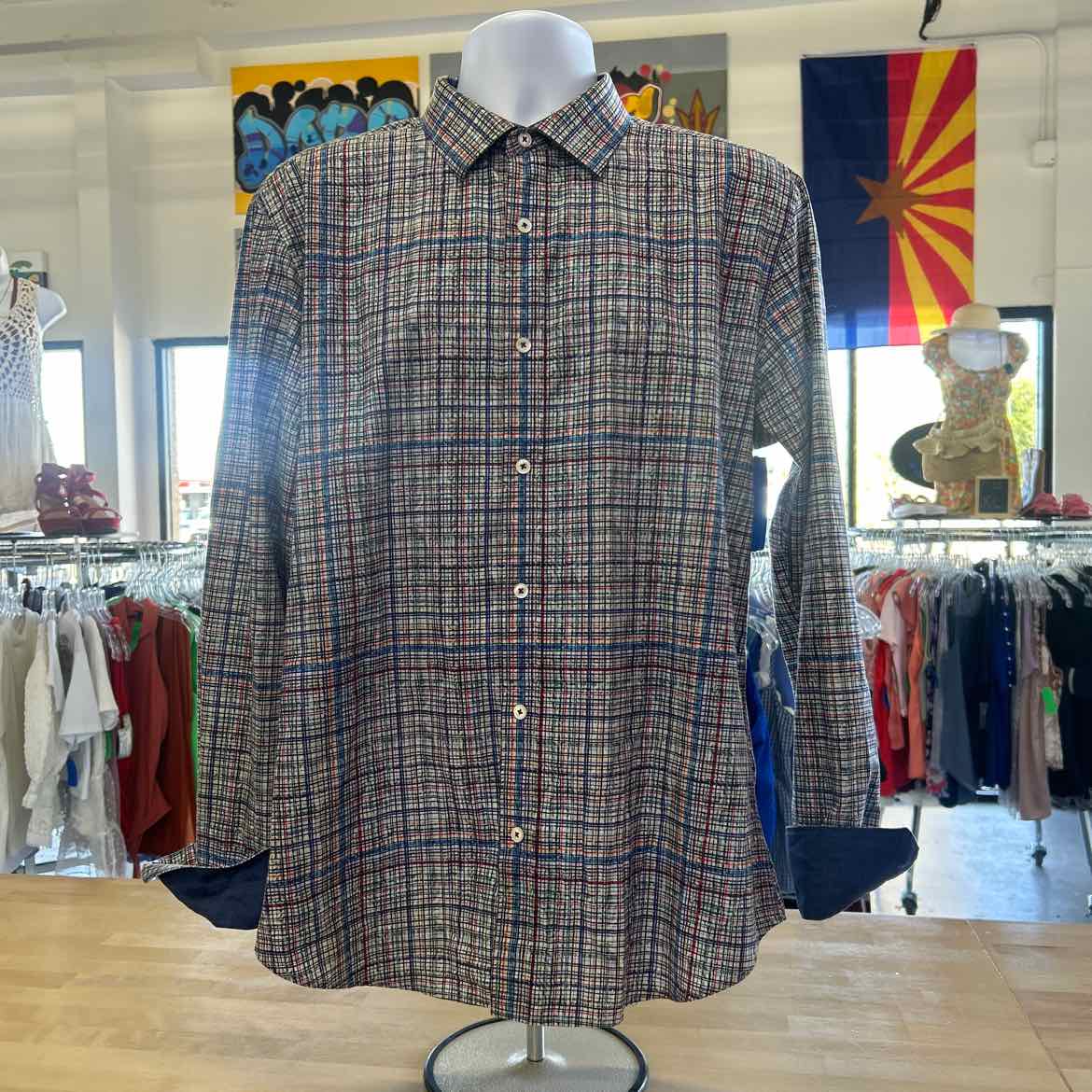 Bugatchi Size M Blue Red MENS Button Down Shirt