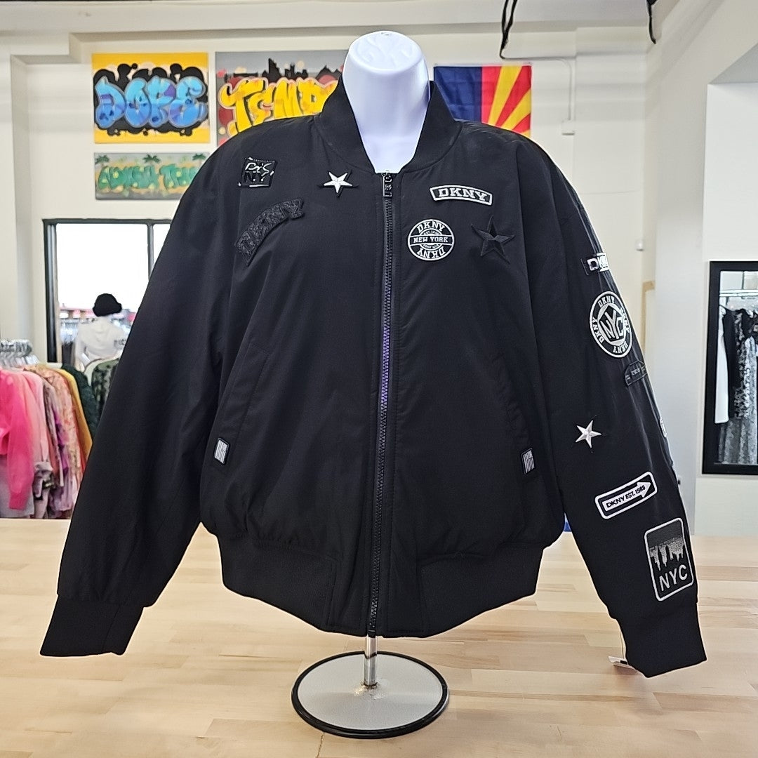 DKNY Women's Long Sleeve Nylon Pins and Patches Bomber Jacket