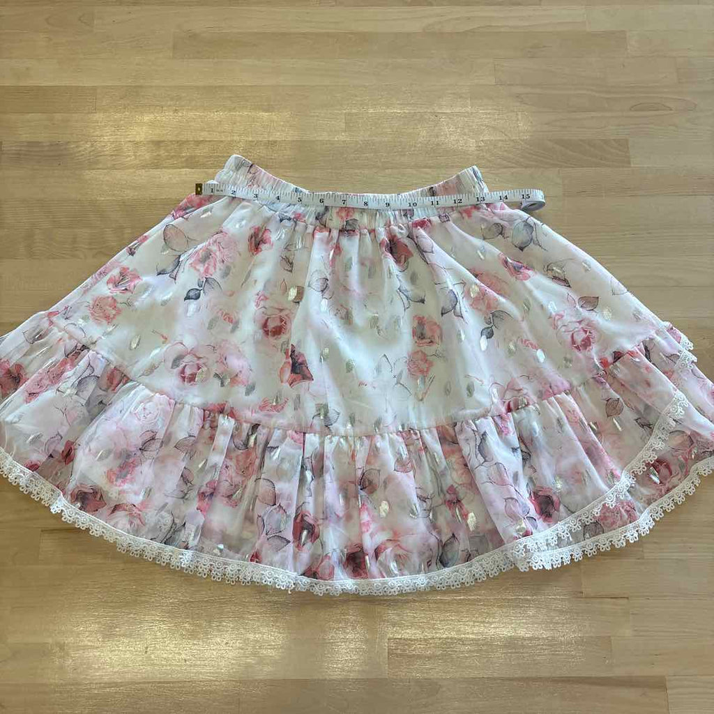 Beulah Size S Pink Print 2 pc Cascade Ruffle Neck Bishop Sleeve Top & Skirt NWT