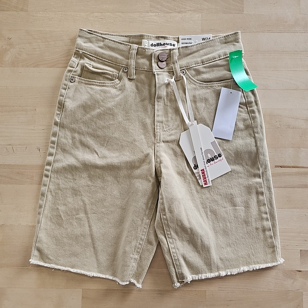 Dollhouse Juniors' High-Rise Frayed Bermuda Shorts - Tan - 0