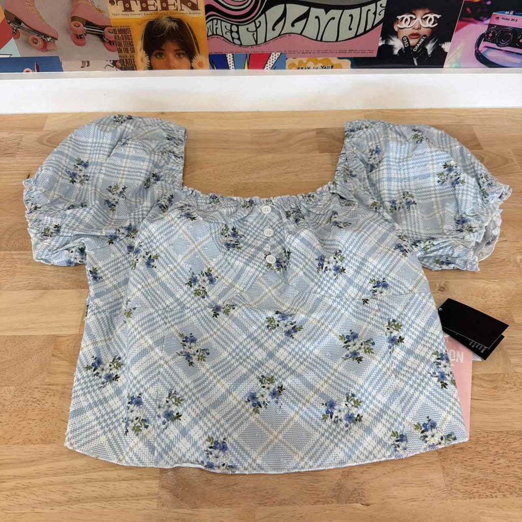 Celebrity pink Size L Cropped Puff-Sleeve Top - Baby Blue Plaid Ditsy