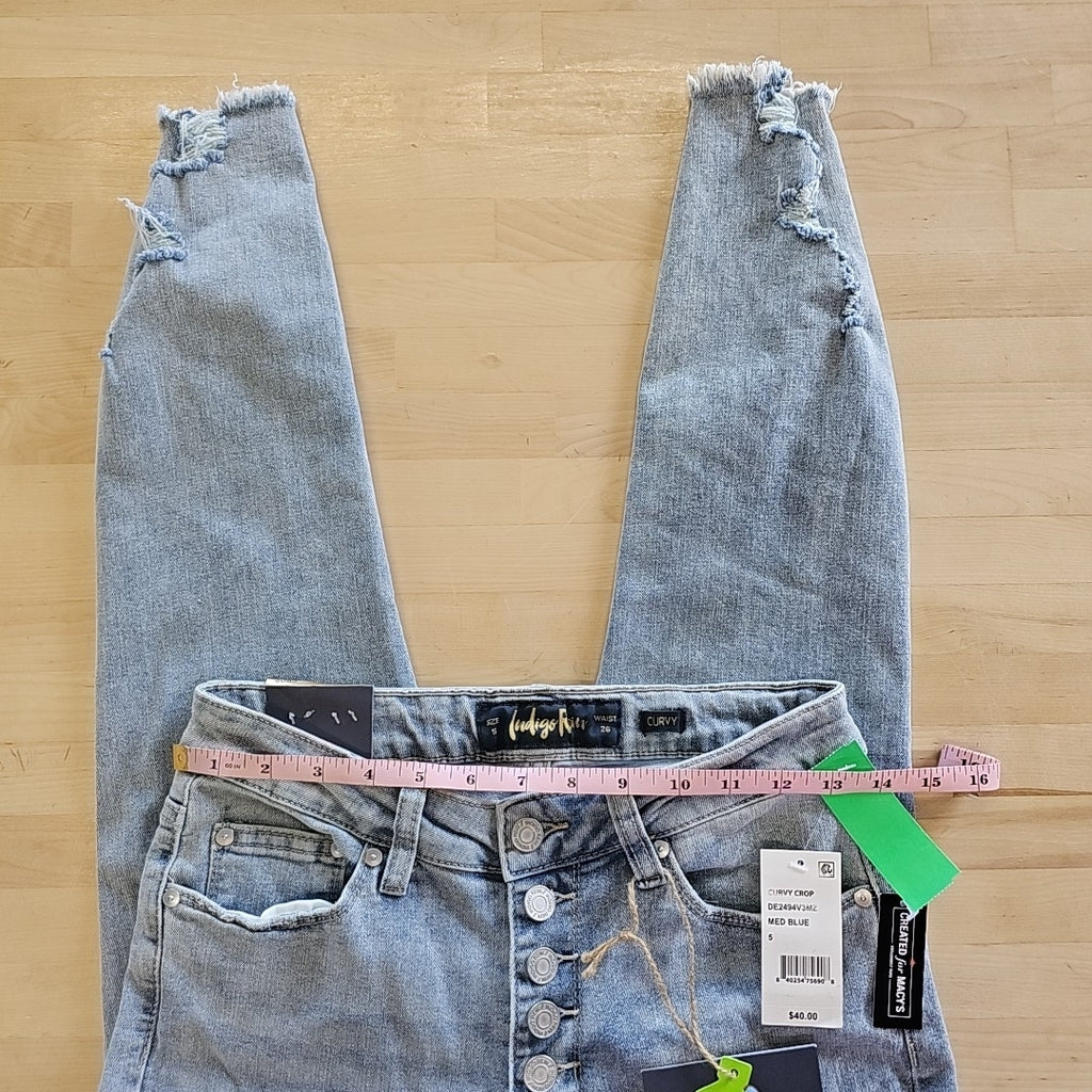 Indigo Rein Juniors' Mid Rise Button Fly Distressed Cropped Curvy Jeans - 5
