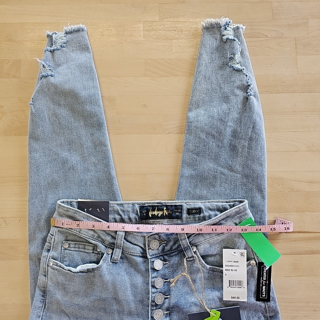 Indigo Rein Juniors' Mid Rise Button Fly Distressed Cropped Curvy Jeans - 5