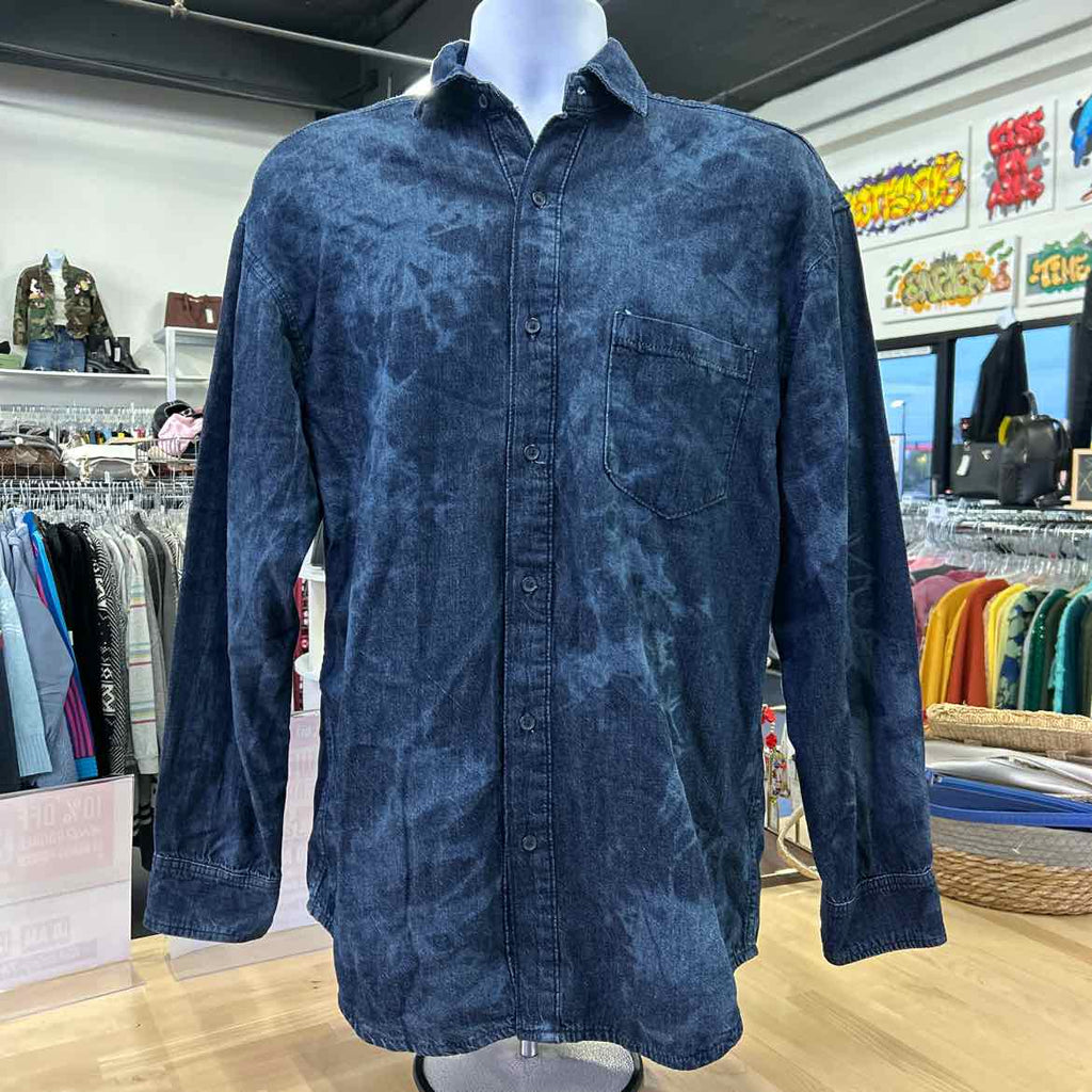 Mode Of One Mens Tie-Dye Denim Button-Down Shirt