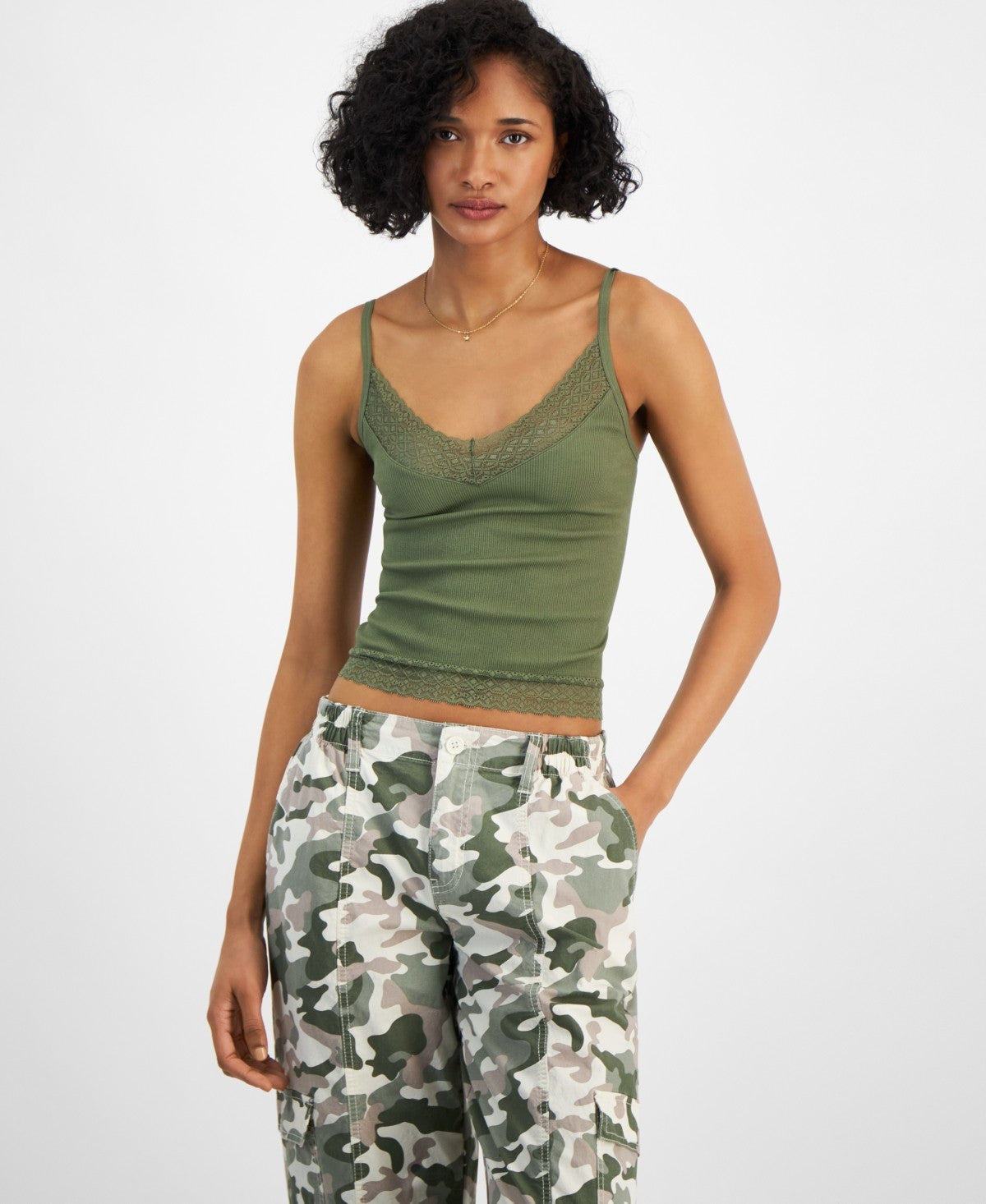 Self Esteem Womens Lace Trimmed Cami Tank Top Green Juniors L/XL