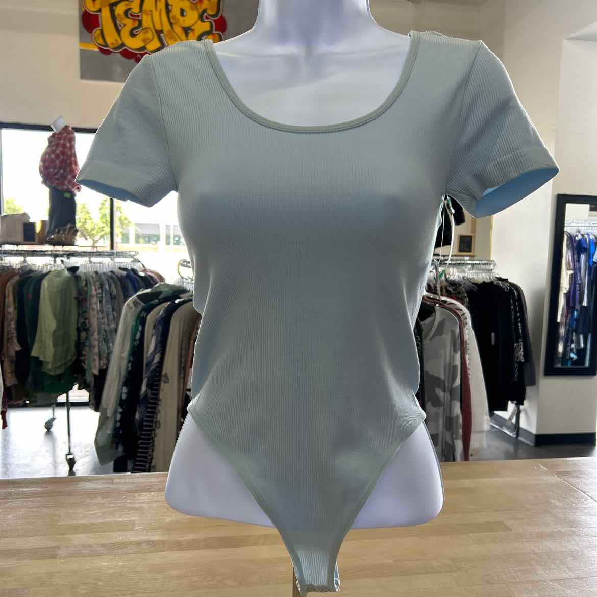 ultra flirt Size XS Seamless Lattice-Back Ribbed Bodysuit - Baby Blue