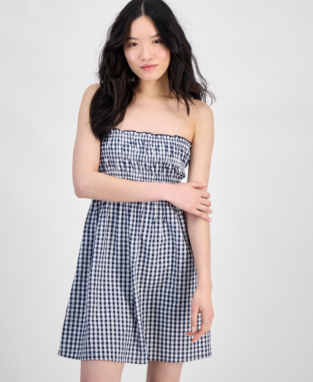 hippie rose Size M Cotton Gingham Strapless Mini Dress - Navy