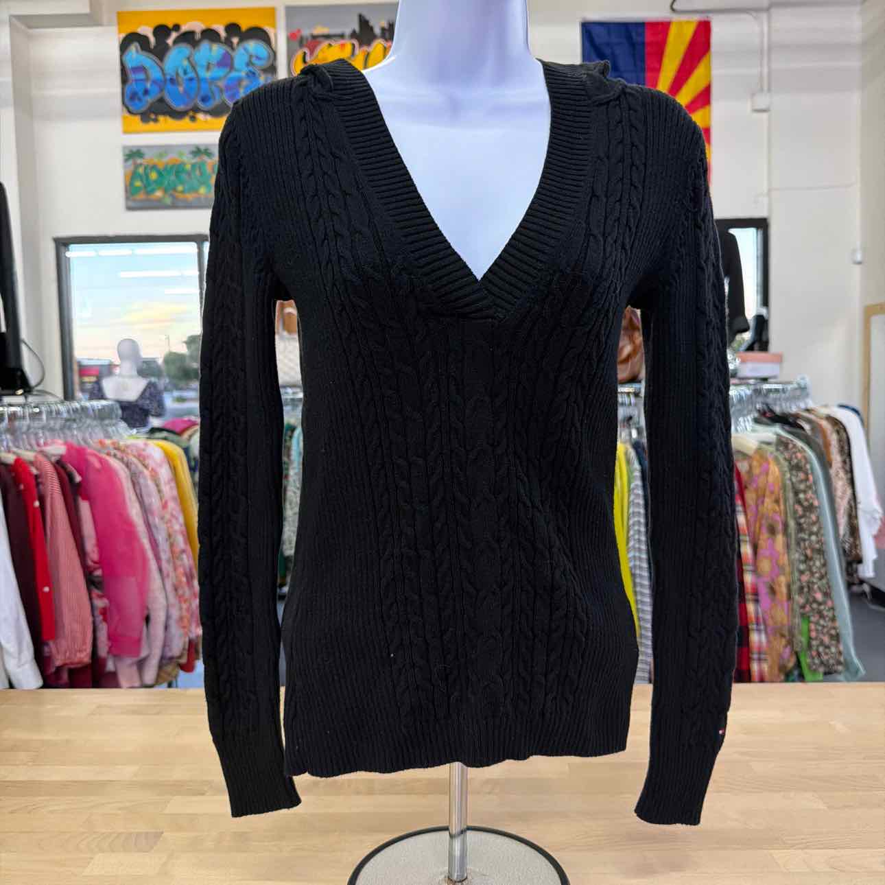Tommy Hilfiger Size S Black Knit V Neck Hoodie Sweater