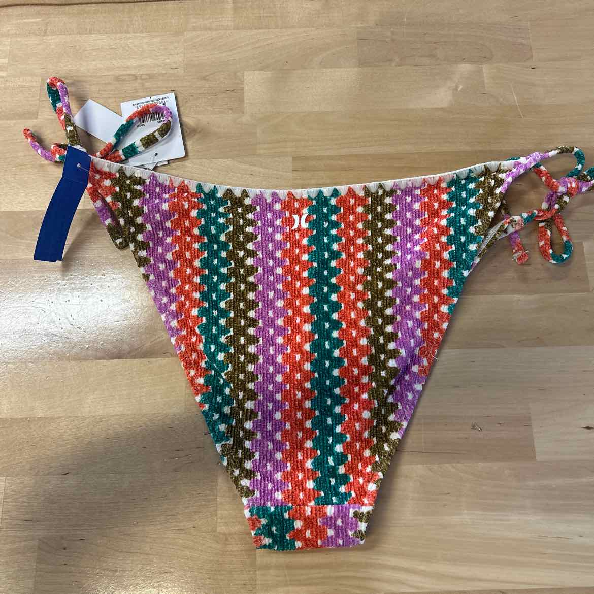 Hurley Size L Printed Stripe Crochet Scrunch Cheeky Tie Side Bikini Bottoms