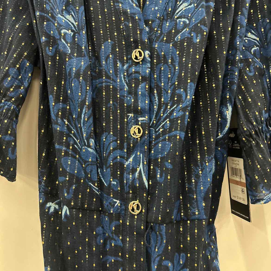 Karl Lagerfeld Paris Women's Printed Tiered Belted Dress - Navy Multi - Size 12