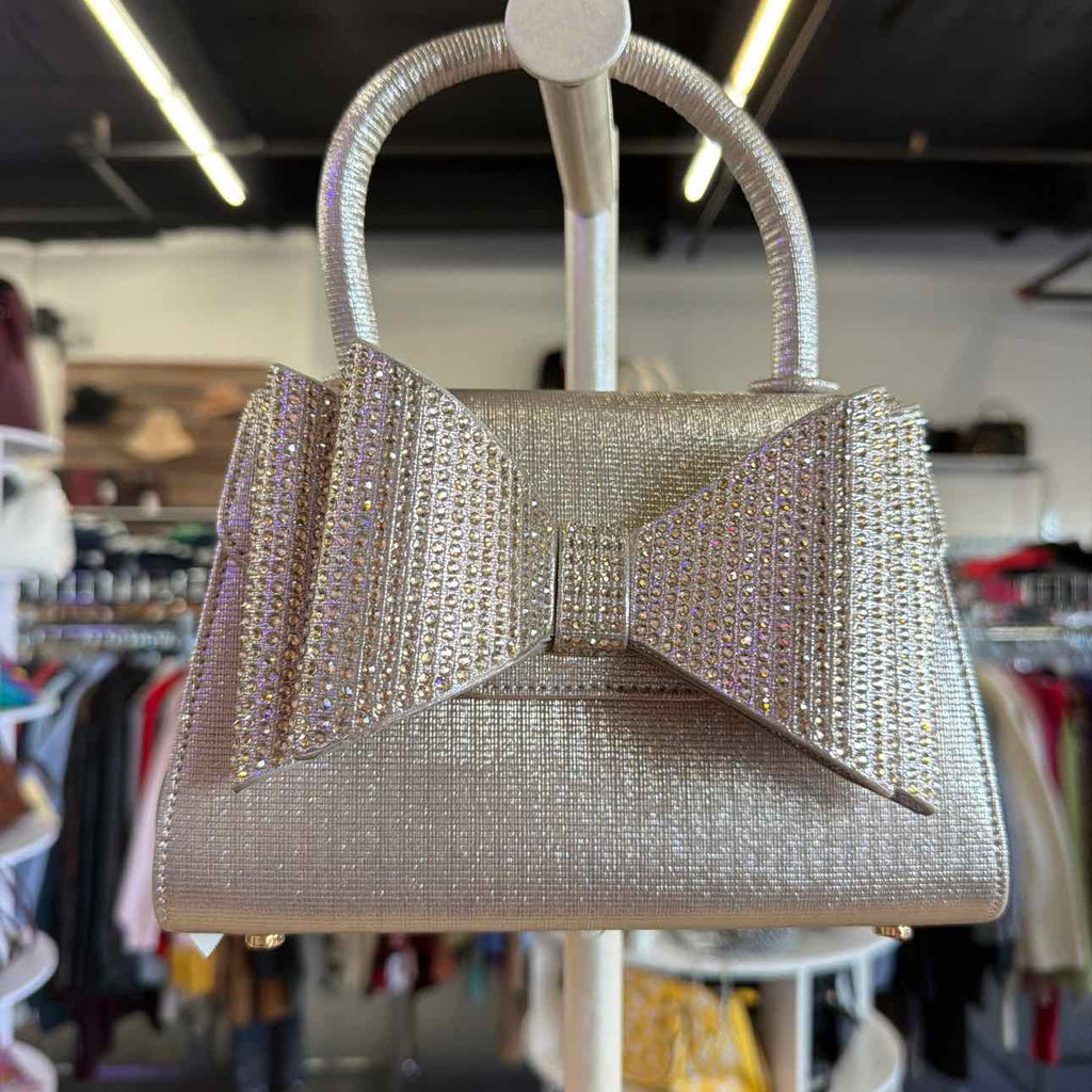 Nina Crystal Double Bow Handheld Satchel Bag - Platino