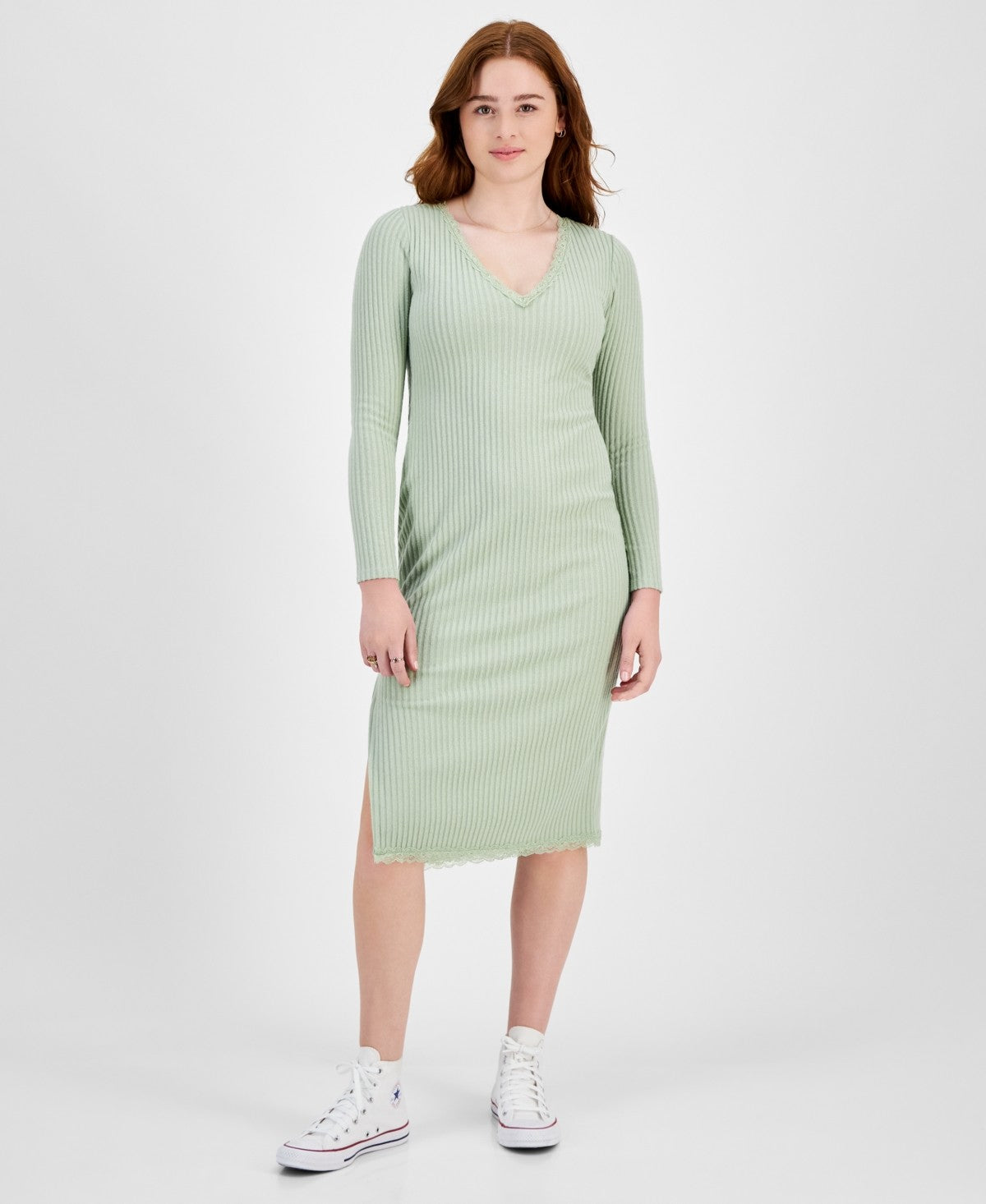 Planet Heart Juniors' Rib-Knit Long Sleeve MIDI Dress - Desert Sage
