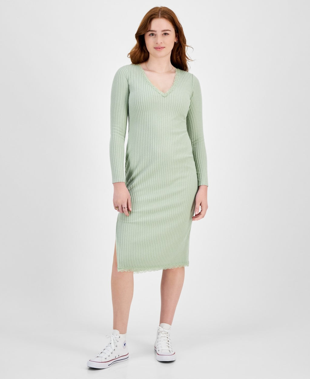Planet Heart Juniors' Rib-Knit Long Sleeve MIDI Dress - Desert Sage