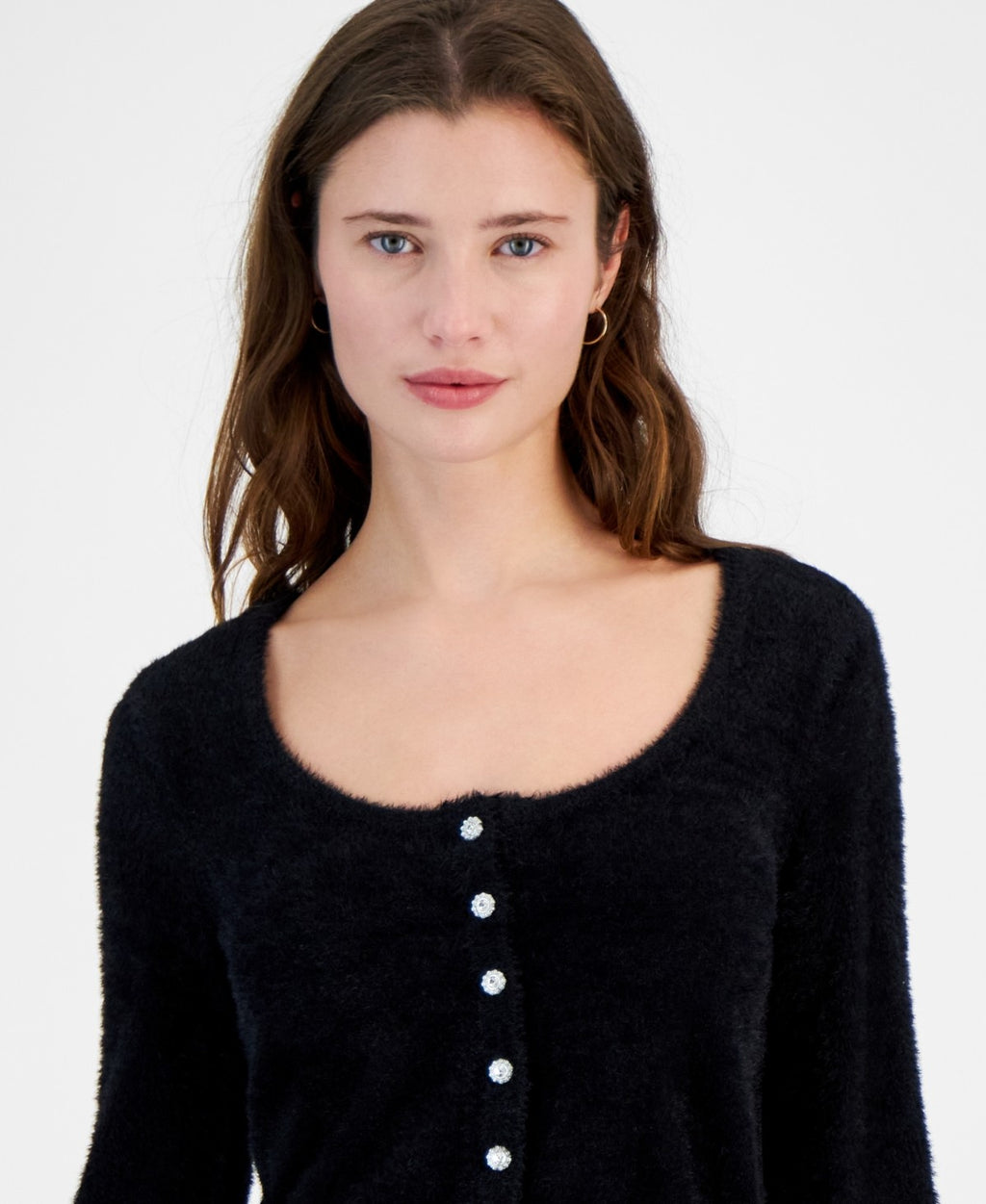 Planet Heart Womens Button Fuzzy Eyelash Cardigan Sweater Black Size S NWT