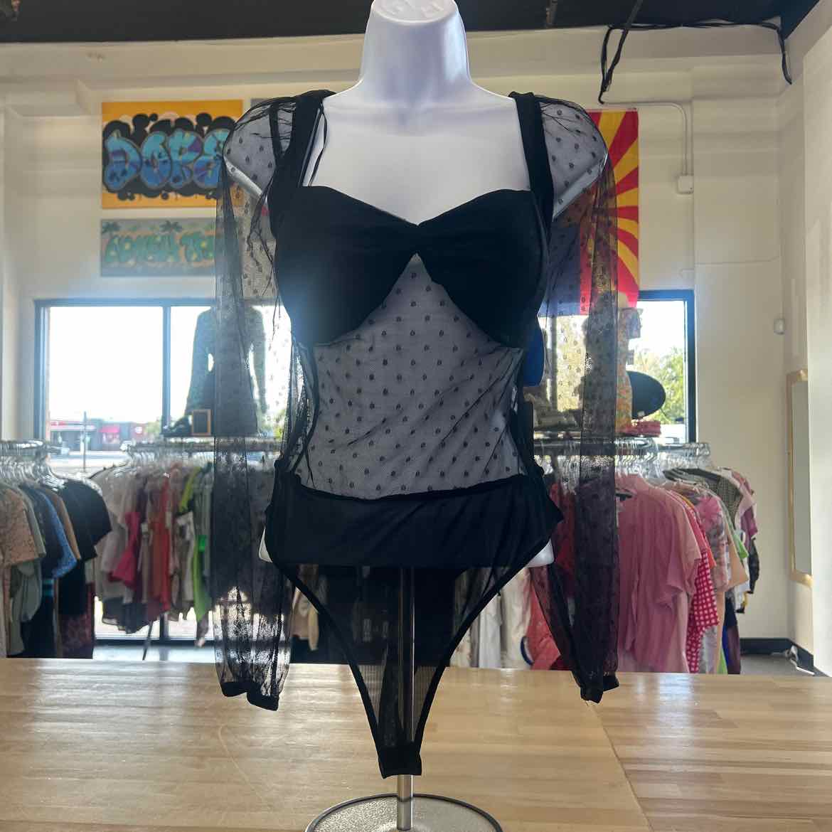 Haute Monde Size L Black Mesh New Bodysuit