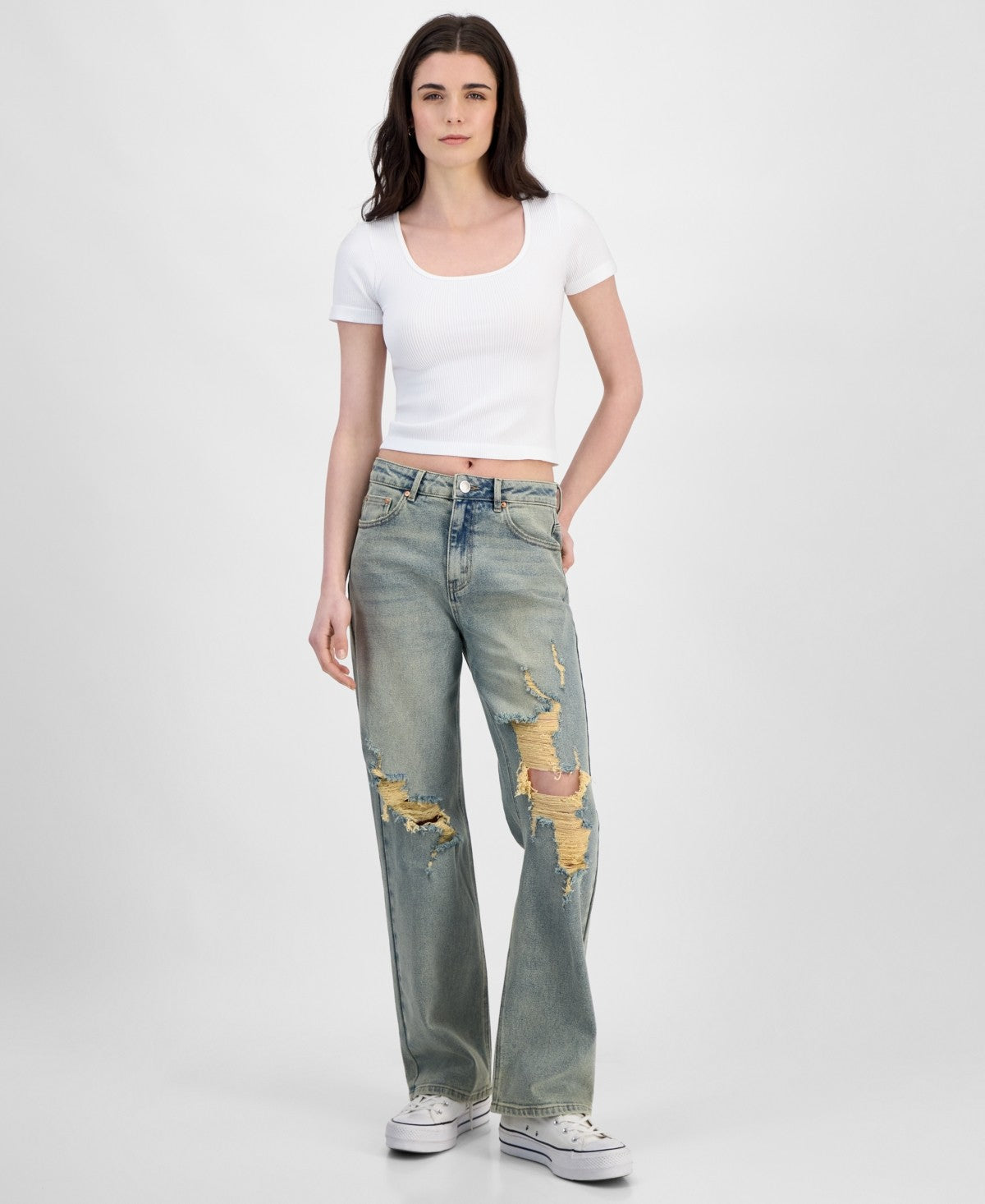 Madden Girl Juniors' Super High Rise Distressed 90s Wide Leg Jeans - Tinted Wash