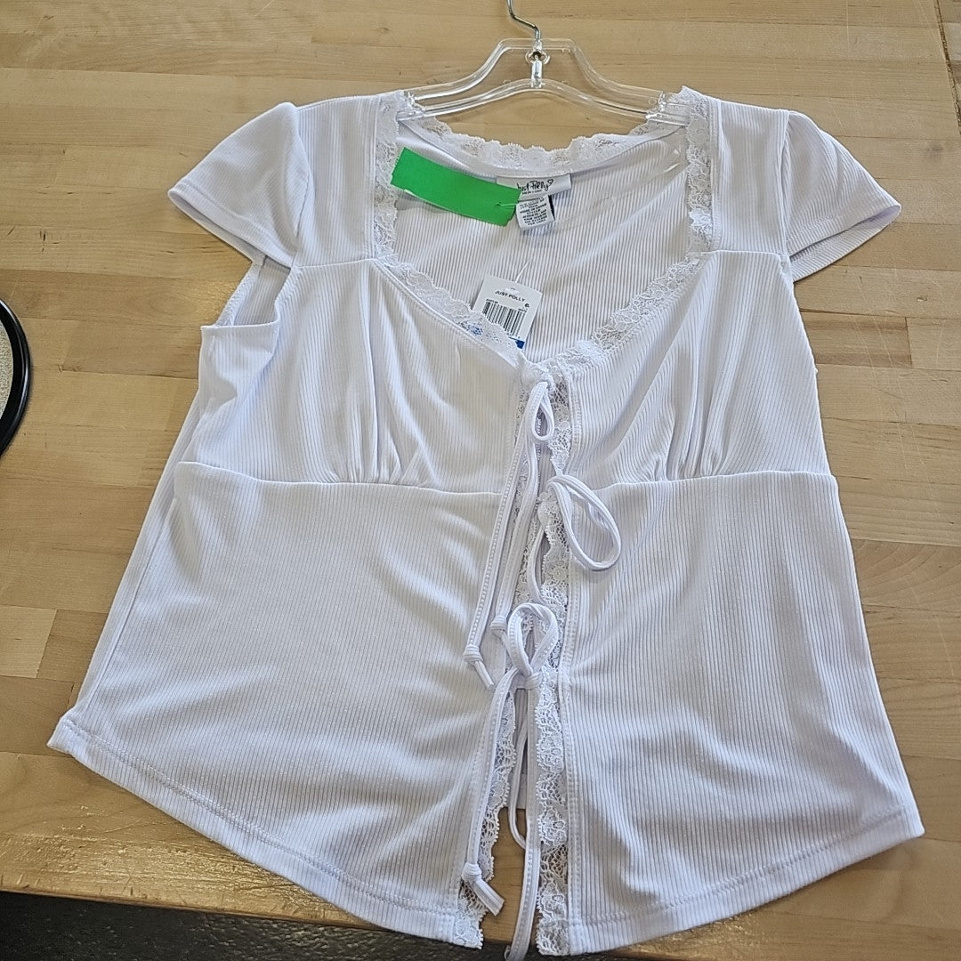 Just Polly Juniors' Lace Trimmed Tie-Front T-Shirt - White