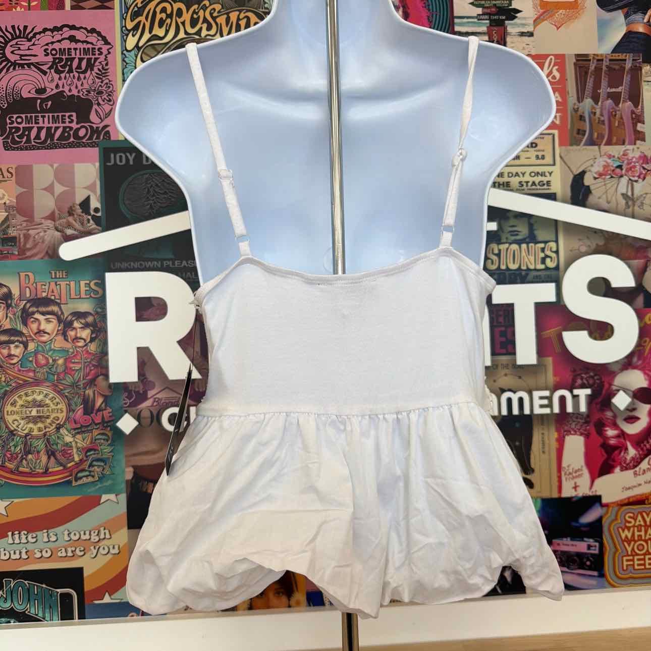 BCX Size S Solid Poplin Bubble-Peplum Square-Neck Top