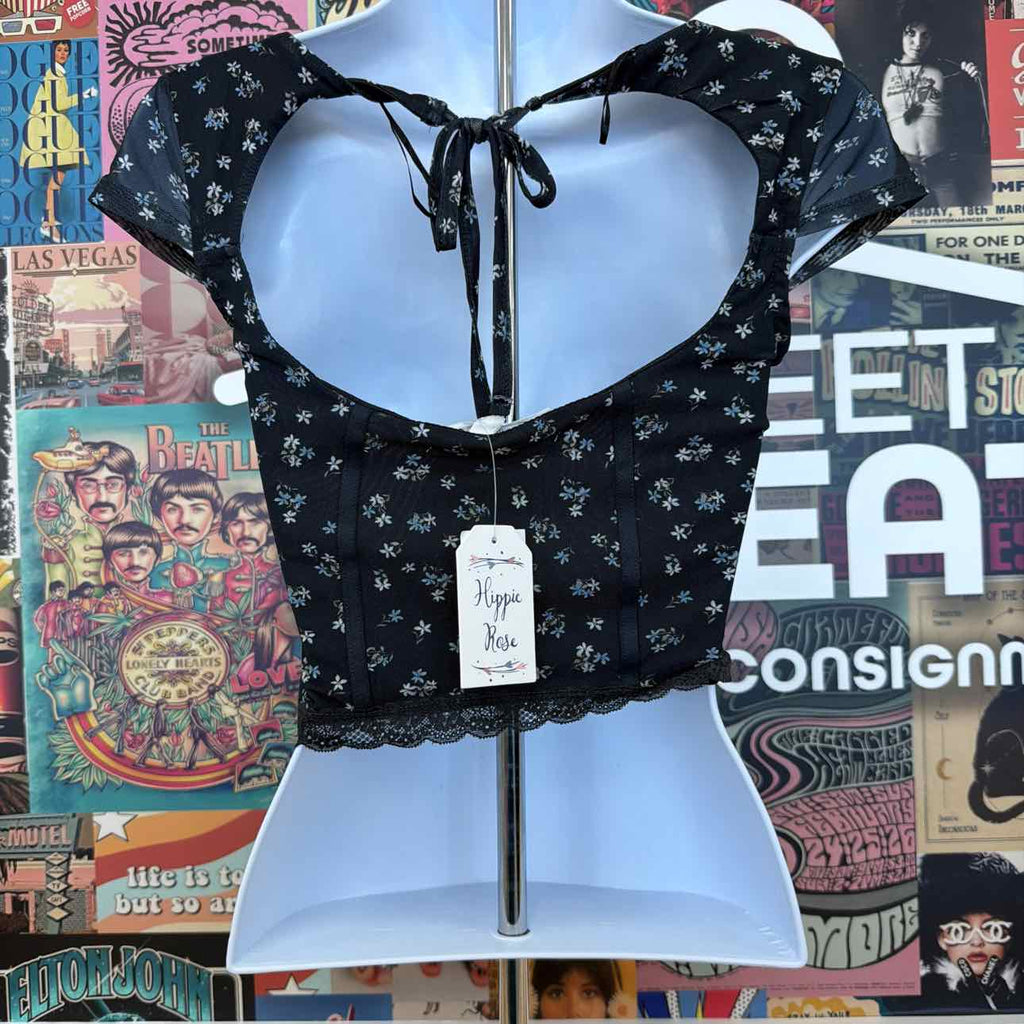 hippie rose Size XS Corset Short-Sleeve Mesh Top - Black Ditsy