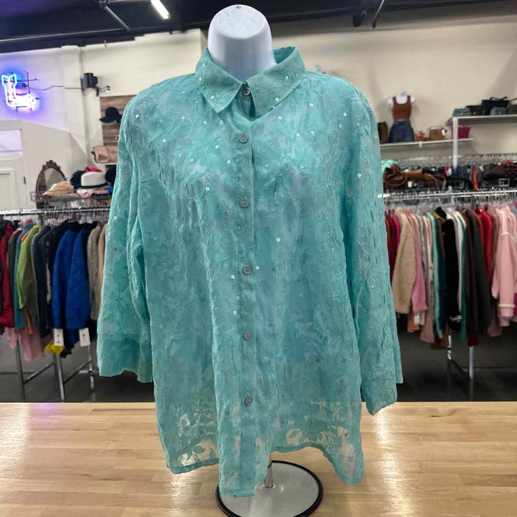 Alfred Dunner Size 14 Teal Button Down Shirt