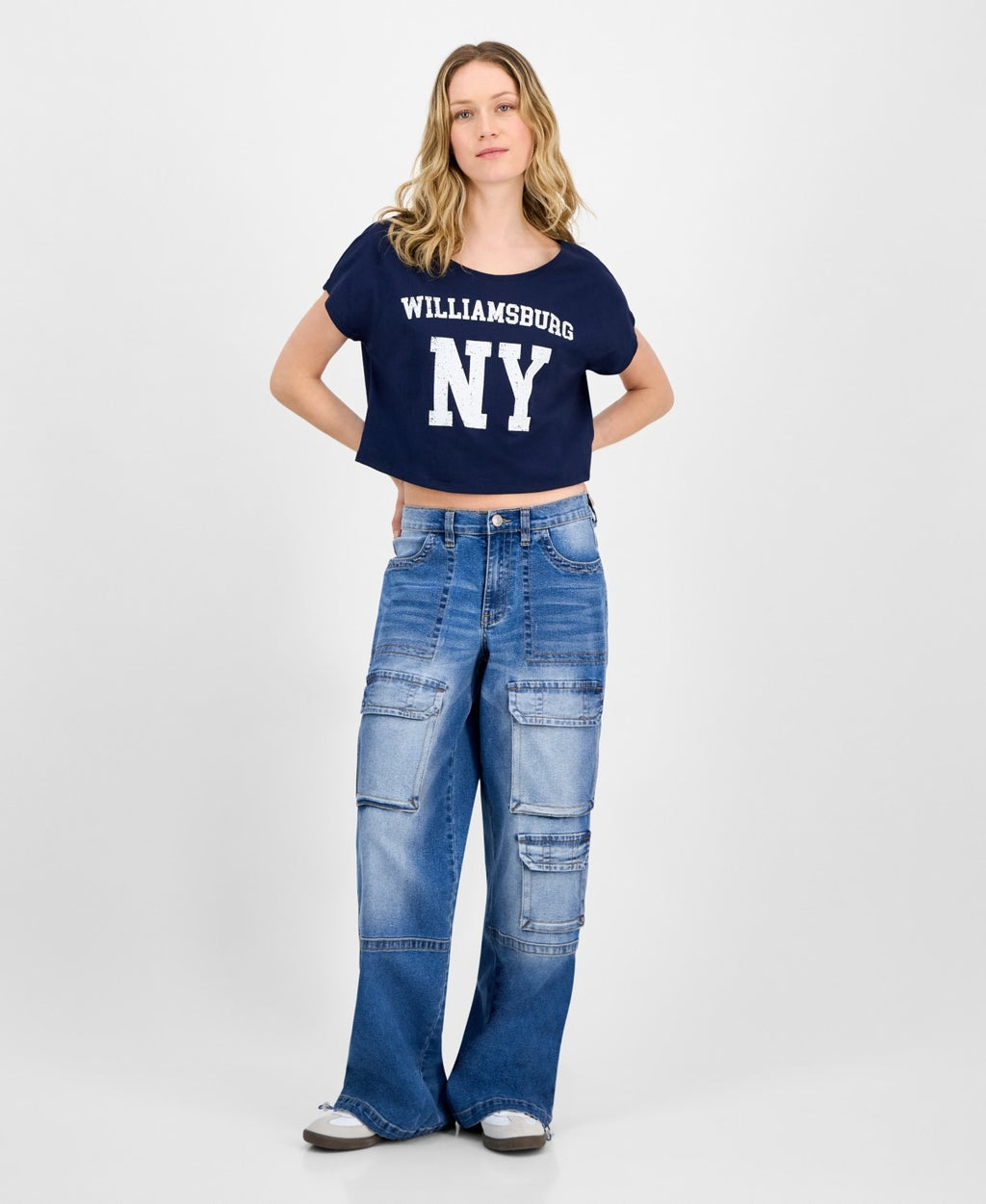 Madden Girl Size L High-Rise Parachute Cargo Pants - Medium Wash